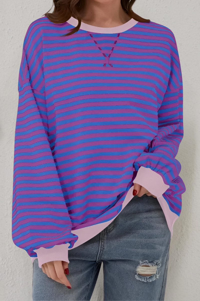Women's Striped Sweatshirt – Crew Neck Long Sleeve Pullover