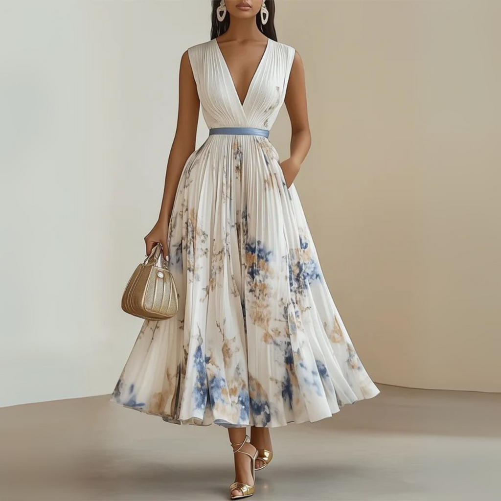 Women's Wedding Guest Floral Maxi Dress – Sleeveless Pleated Flowy Dress
