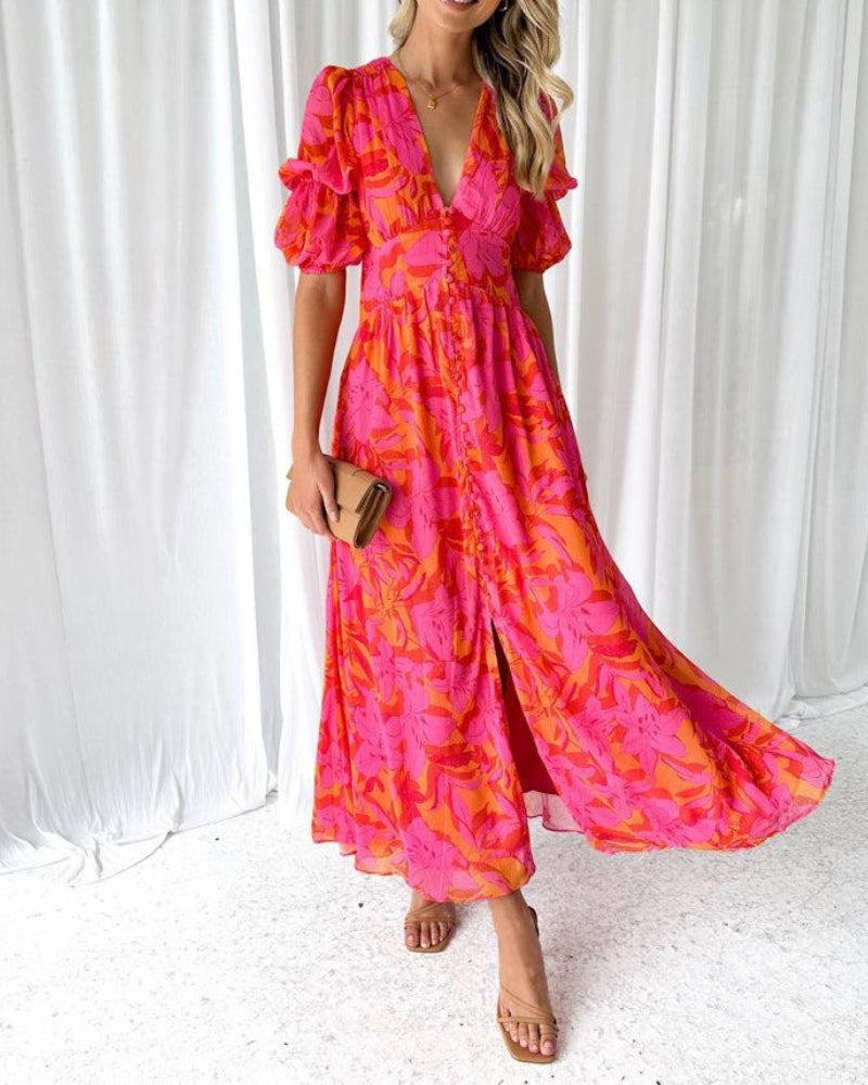 Women's Puff Sleeve Occasion Dress – V-Neck Maxi Dress