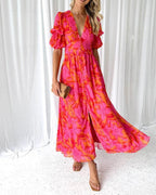 Women's Puff Sleeve Occasion Dress – V-Neck Maxi Dress
