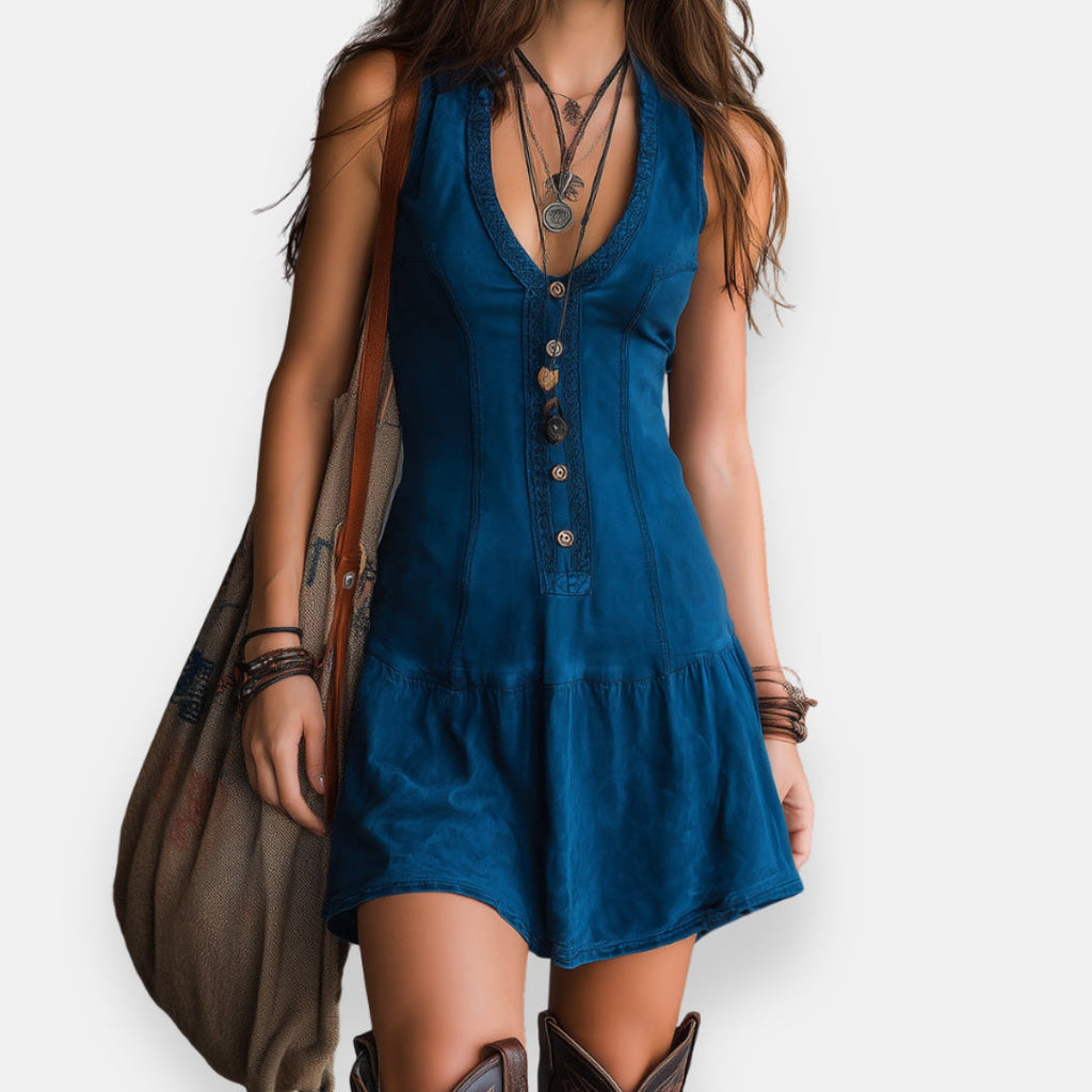 Women's Boho V-Neck Summer Dress – Ruffle Hem Cinched Waist Dress