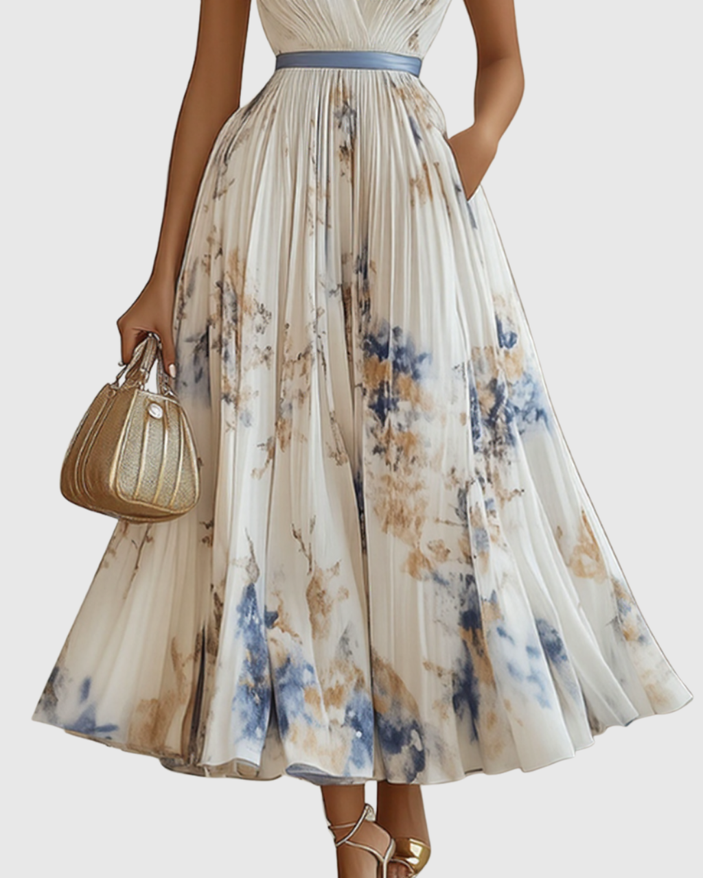 Women's Wedding Guest Pleated Midi Dress – Sleeveless Floral Occasion Dress