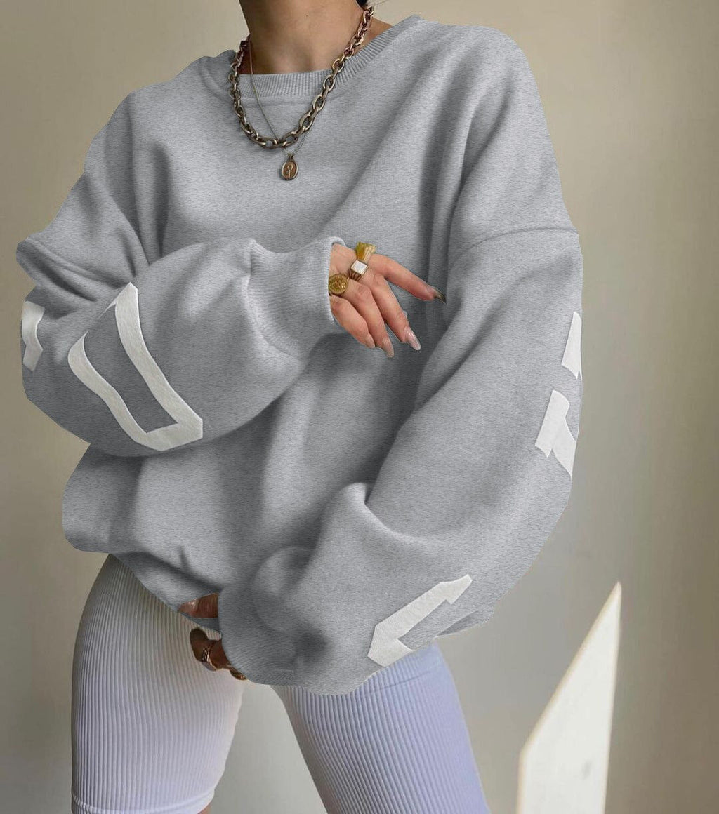 Women's Graphic Sleeve Sweater – Relaxed Crew Neck Pullover Sweater