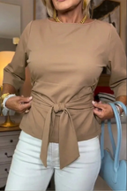 Women's Bow Waist Top – Adjustable Tie Front Fitted Blouse