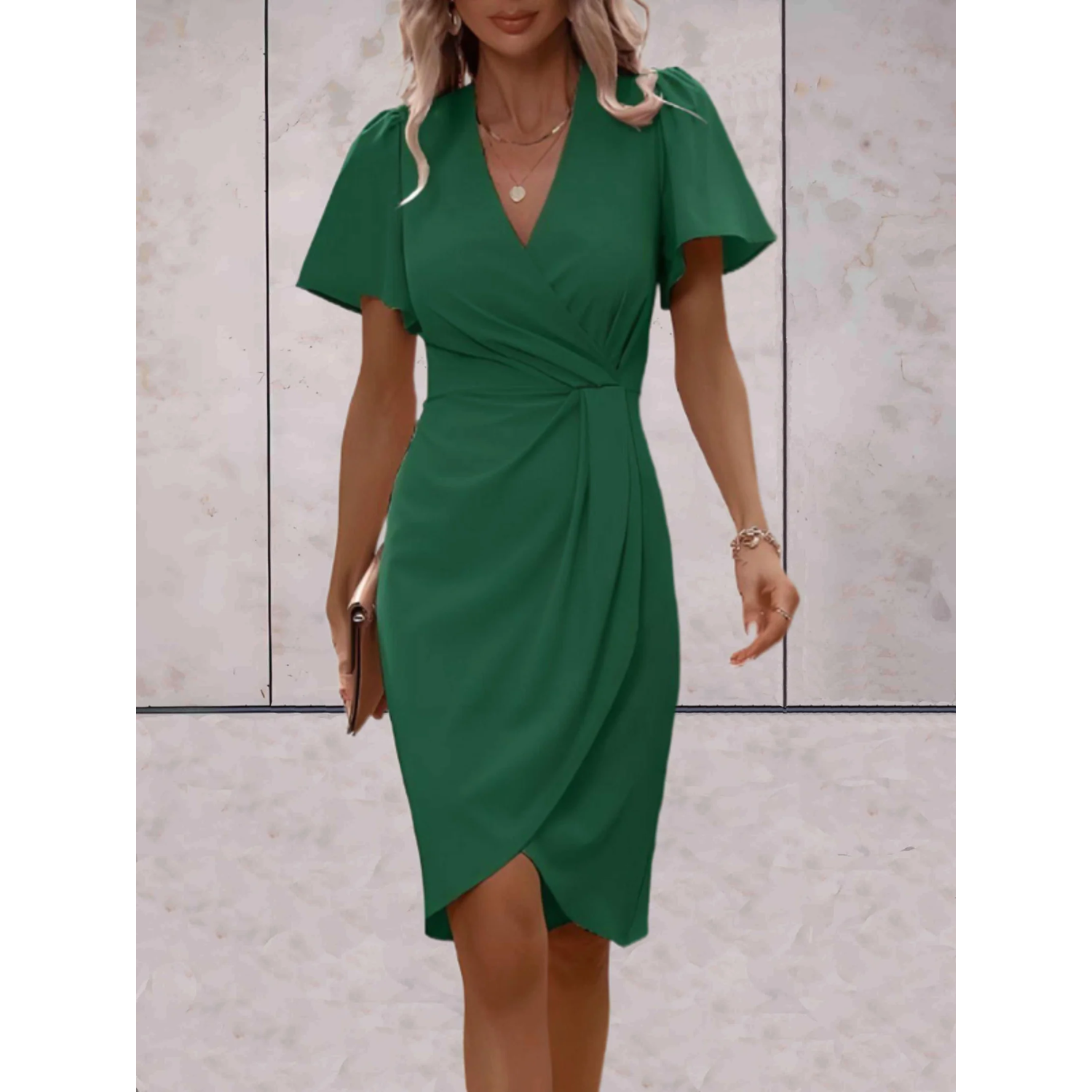 Women's V-Neck Wrap Dress – Billowy Sleeve Flowy Cocktail Dress