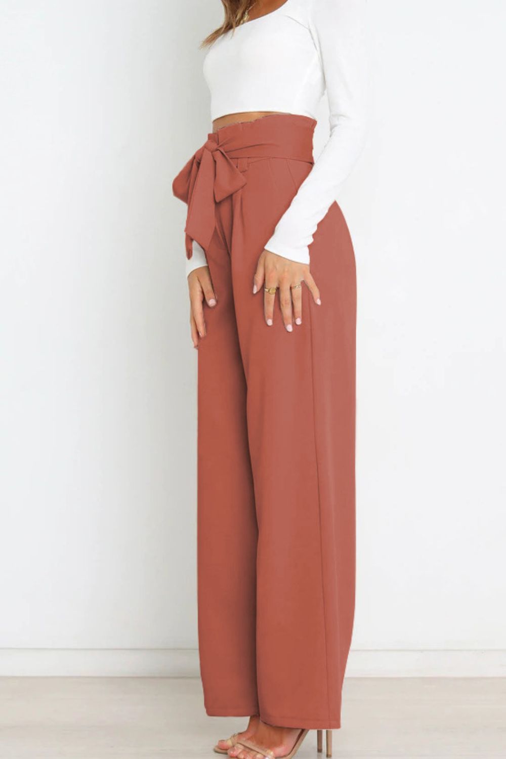 Women's Paperbag Waist Trousers – High Waist Bow Detail Wide Leg Pants