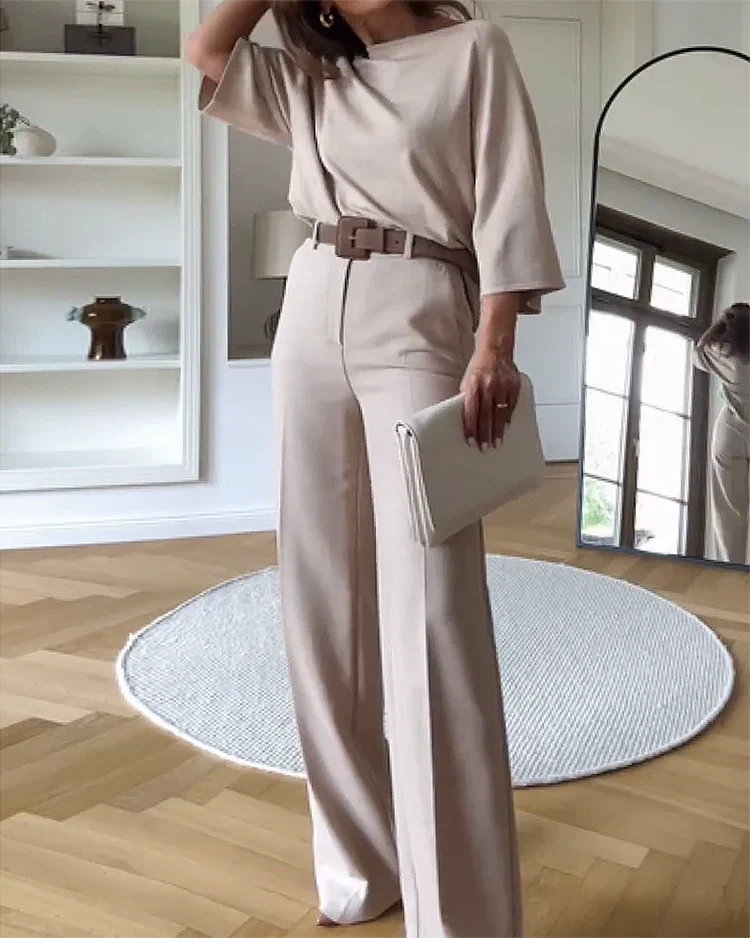 Women's Dressy Pants Set – Relaxed Top & Tailored Wide Leg Pants Set