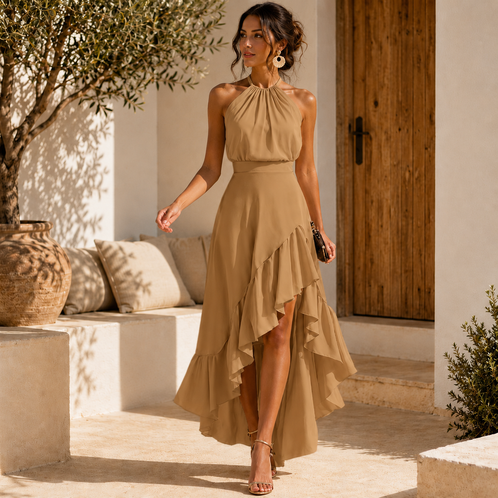 Women's Ruffle Midi Dress – Pleated Halter Neck Wedding Guest Dress