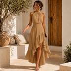 Women's Ruffle Midi Dress – Pleated Halter Neck Wedding Guest Dress