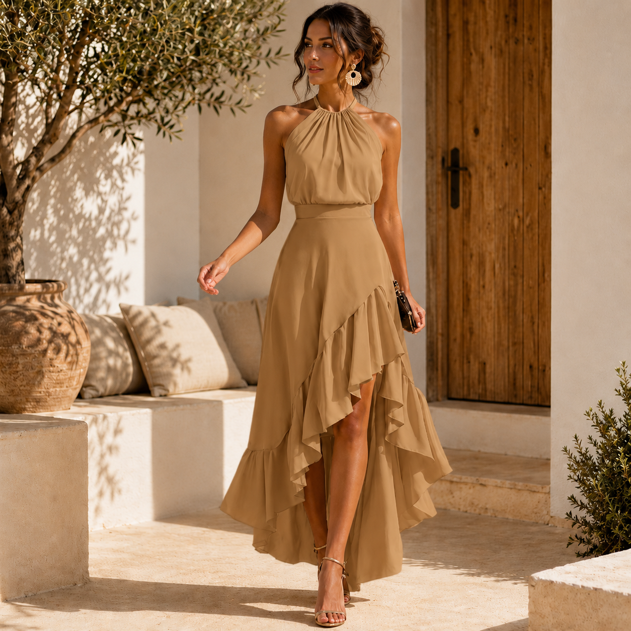 Women's Ruffle Midi Dress – Pleated Halter Neck Wedding Guest Dress