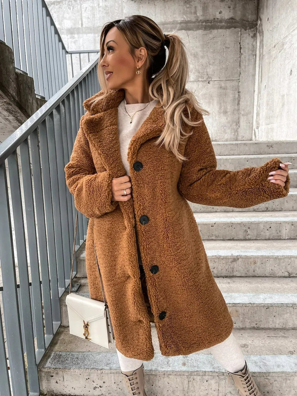 Women's Plush Longline Coat – Soft Textured Button Front Trench Coat
