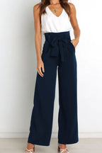 Women's Paperbag Waist Trousers – High Waist Bow Detail Wide Leg Pants