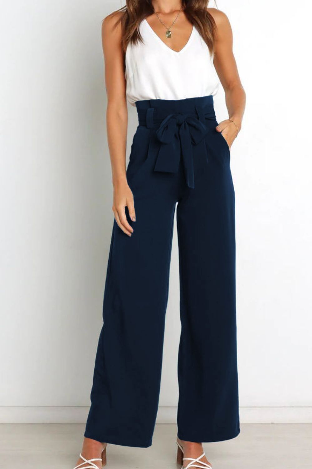 Women's Paperbag Waist Trousers – High Waist Bow Detail Wide Leg Pants