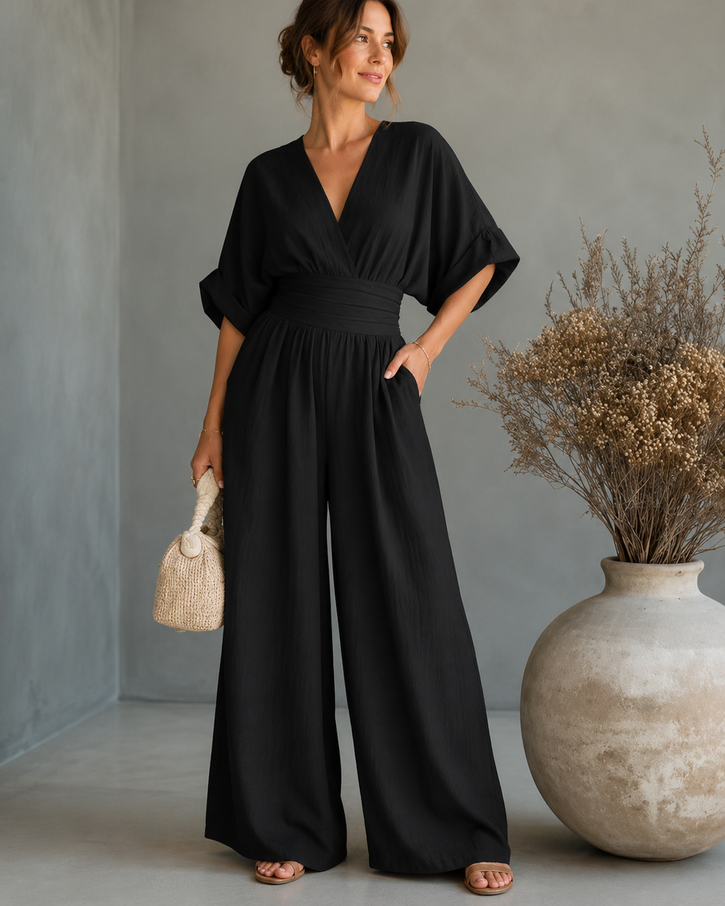 Women's V-Neck Wrap Wide Leg Jumpsuit – Cinched Waist Formal Occasion Jumpsuit