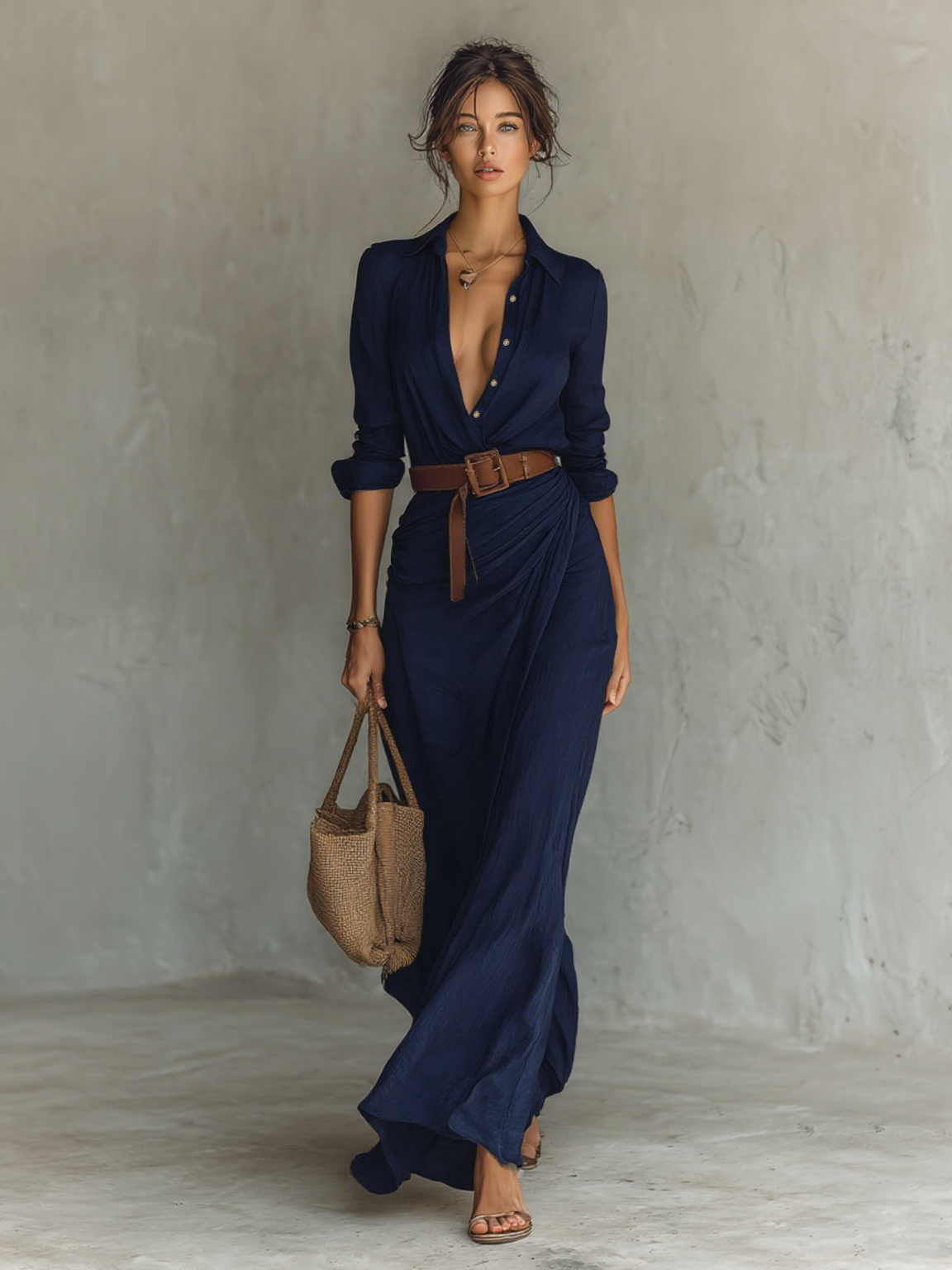 Women's Belted Maxi Shirt Dress – Lapel Collar Long Sleeve Dress
