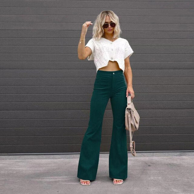 Women's Retro Flared High Waist Pants – Long Leg Casual Trousers
