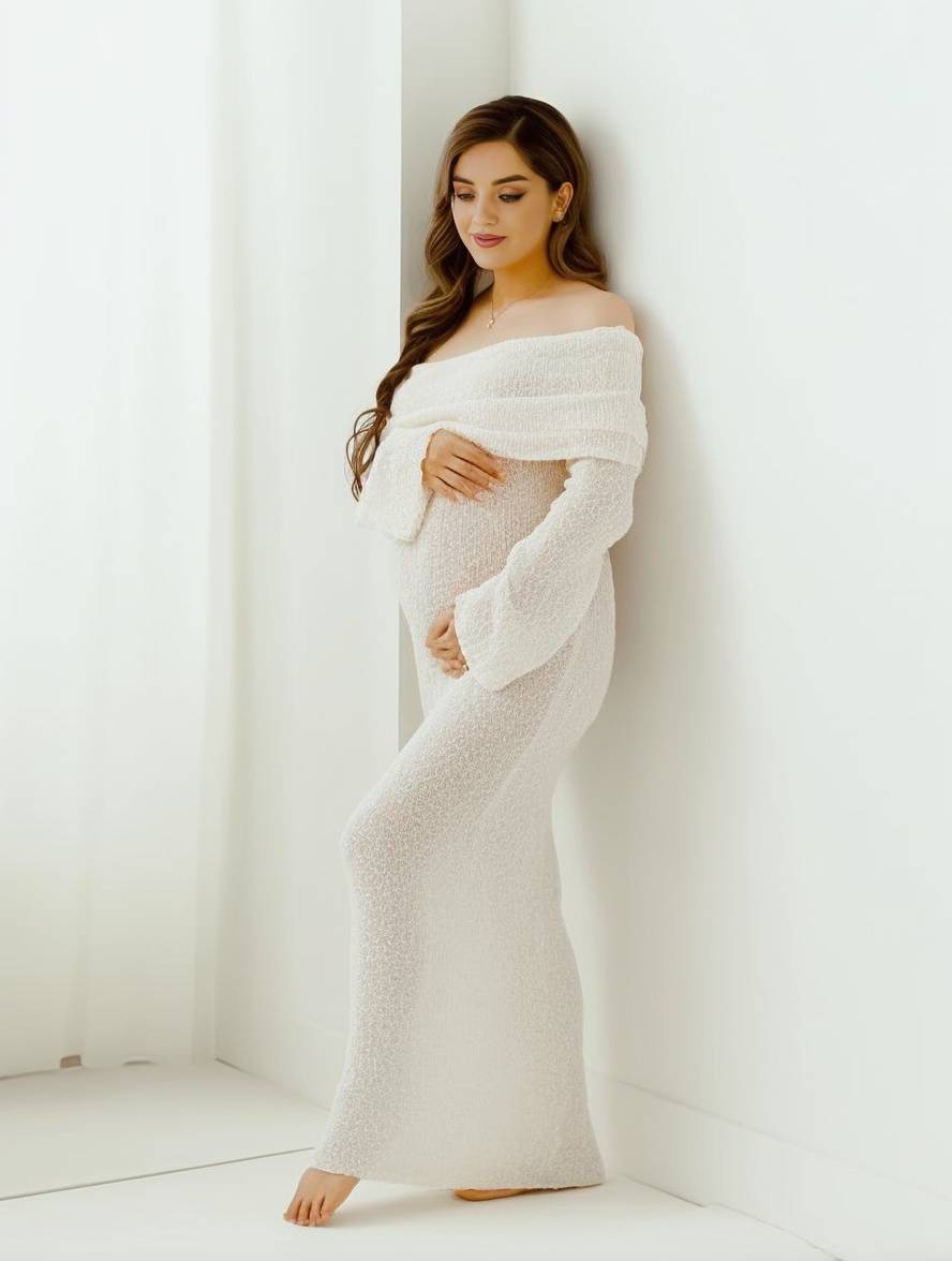Women's Maternity Off-Shoulder Dress – Long Sleeve Baby Shower Dress