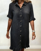 Women's Button Front Shirt Dress – Knee-Length Flounce Sleeve Dress
