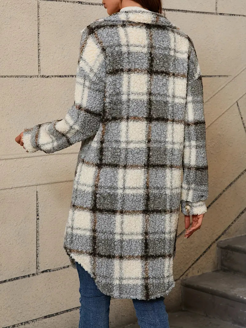 Women's Checked Teddy Coat – Oversized Fleece Winter Coat
