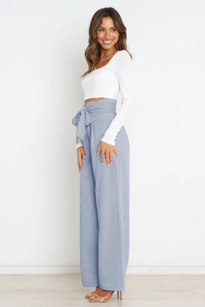 Women's Paperbag Waist Trousers – High Waist Bow Detail Wide Leg Pants