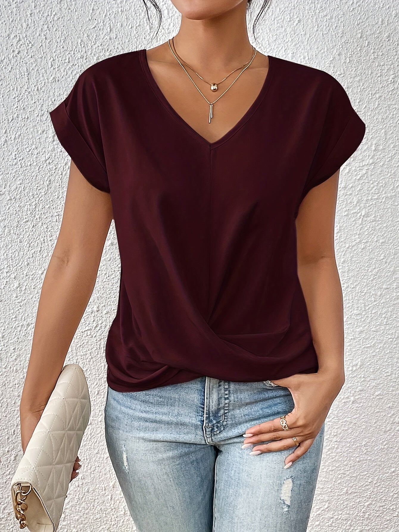 Women's Draped V-Neck Top – Knot Front Top