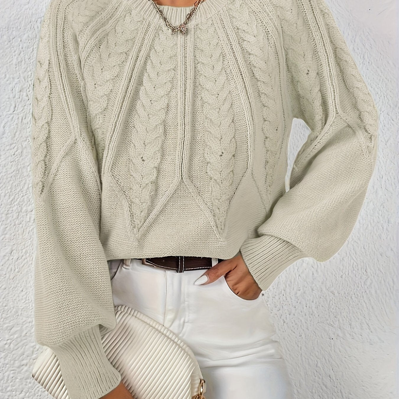 Women's Cable Knit Sweater – Lantern Sleeve Winter Sweater