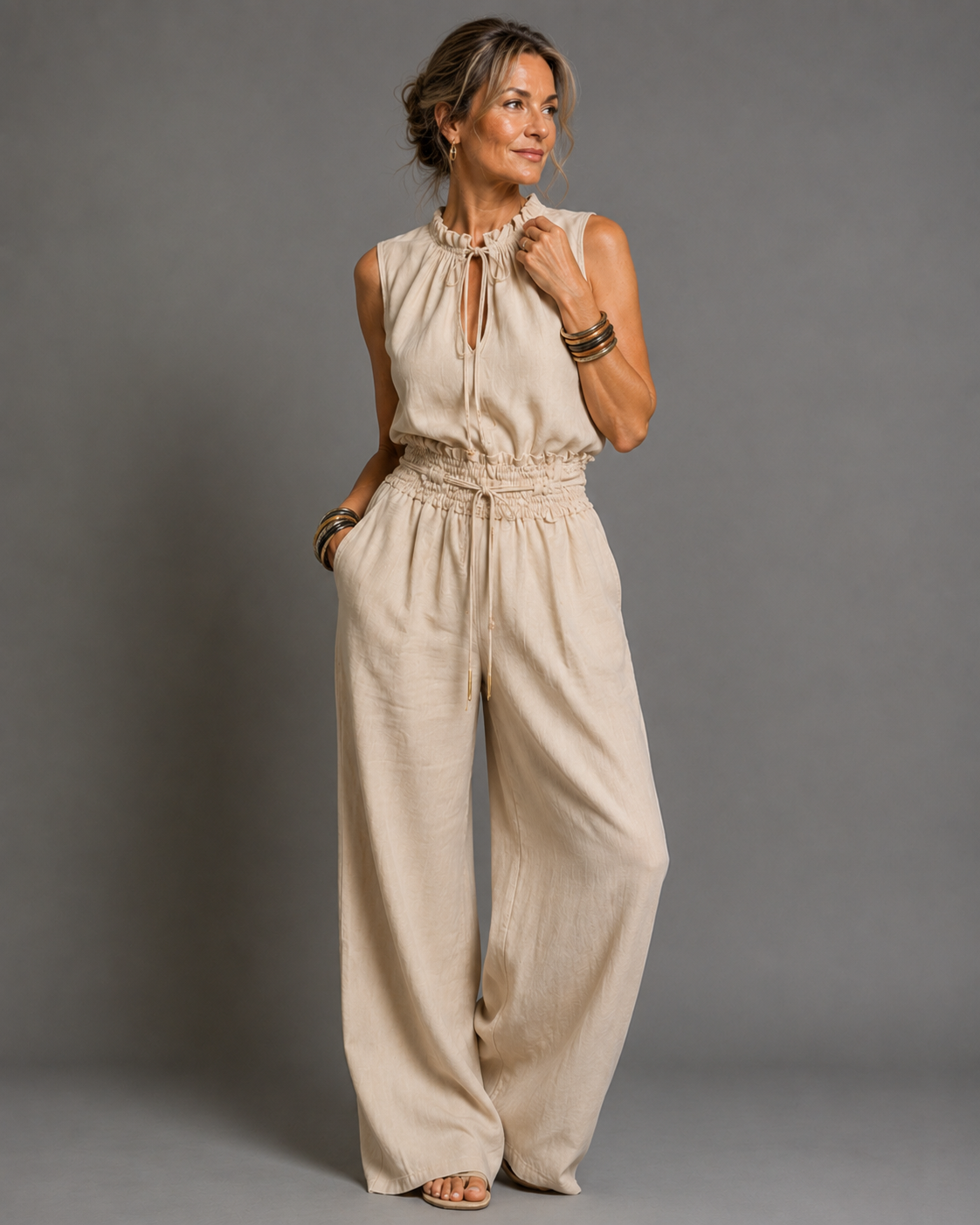 Women's Sleeveless Wide Leg Jumpsuit – High Neck Belted Casual Jumpsuit