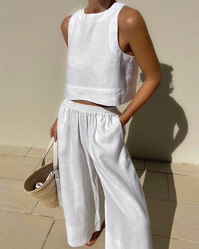 Women's Crop Top Pants Set – High Waist Wide Leg Summer Set