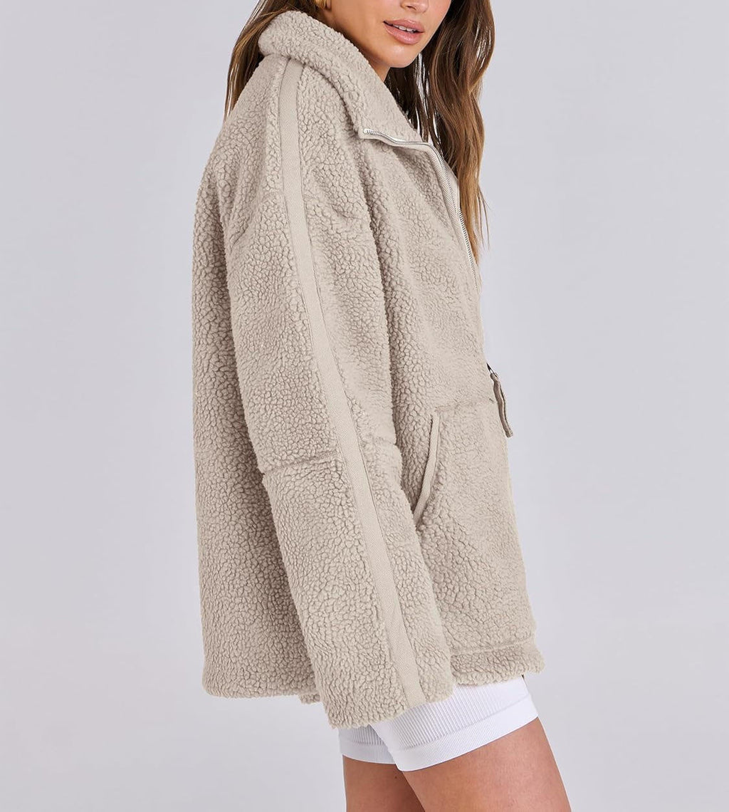 Women's Oversized Fleece Jacket – Zip-Up Long Sleeve Winter Jacket