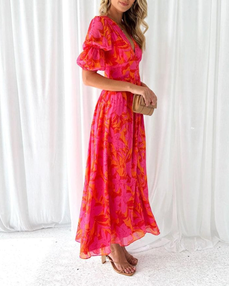 Women's Puff Sleeve Occasion Dress – V-Neck Maxi Dress