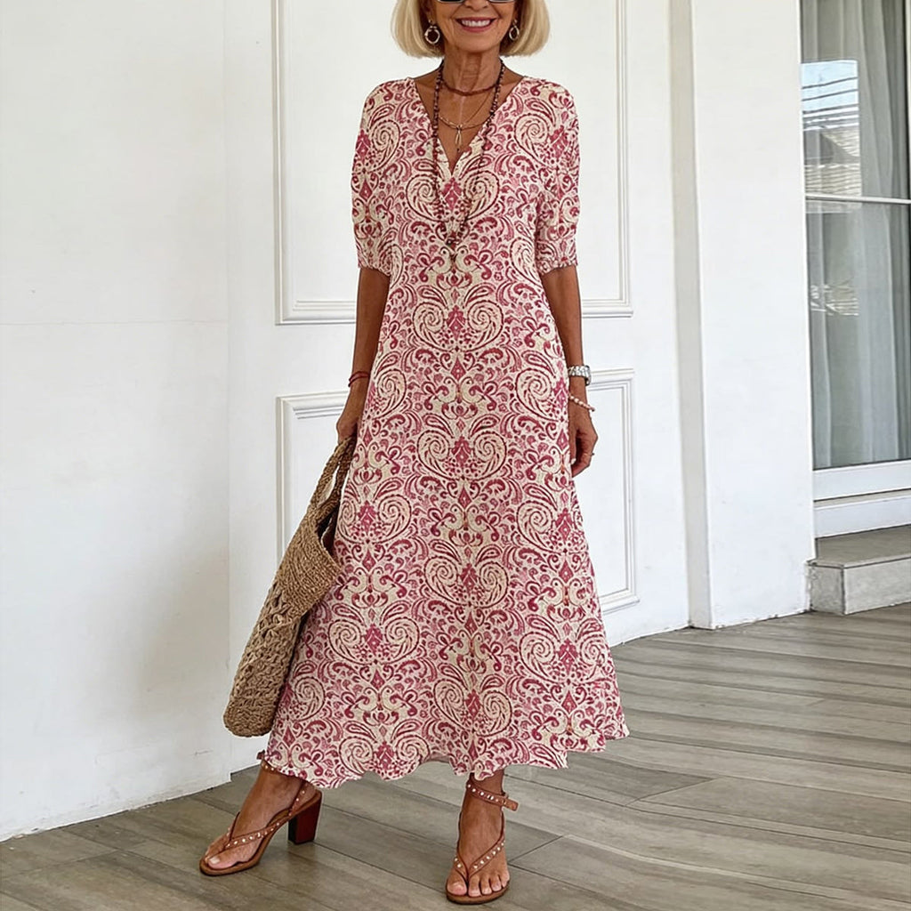 Women's Boho V-Neck Dress – Flared Printed Summer Dress