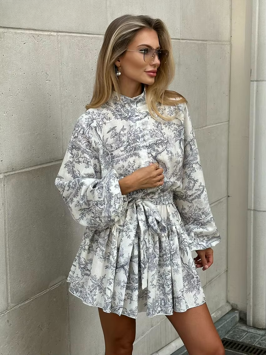 Women's Toile Print Mini Dress – A-Line Belted Balloon Sleeve Dress