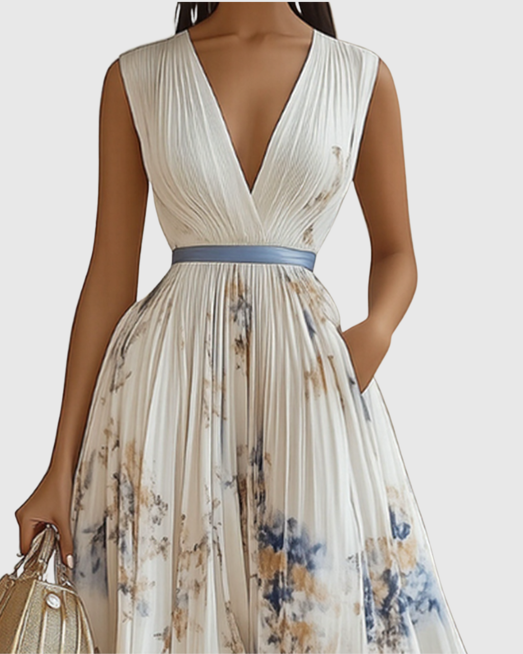 Women's Wedding Guest Pleated Midi Dress – Sleeveless Floral Occasion Dress