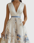 Women's Wedding Guest Pleated Midi Dress – Sleeveless Floral Occasion Dress