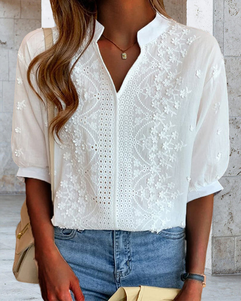 Women's Puff Sleeve V-Neck Blouse – Relaxed Long Sleeve Blouse