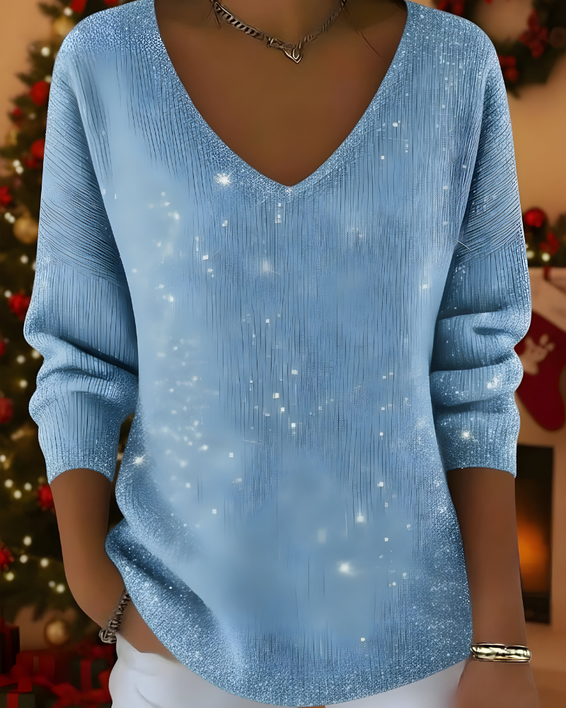 Women's Glitter Knit Sweater – Ribbed Shimmer Long Sleeve Pullover