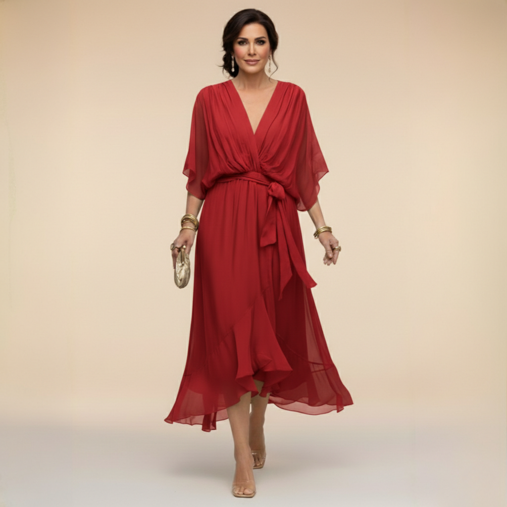 Women's V-Neck Chiffon Dress – Flowy Long Sleeve Occasion Dress