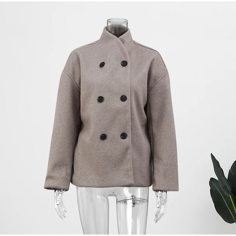Women's Double-Breasted Winter Coat – Stand Collar Relaxed Coat