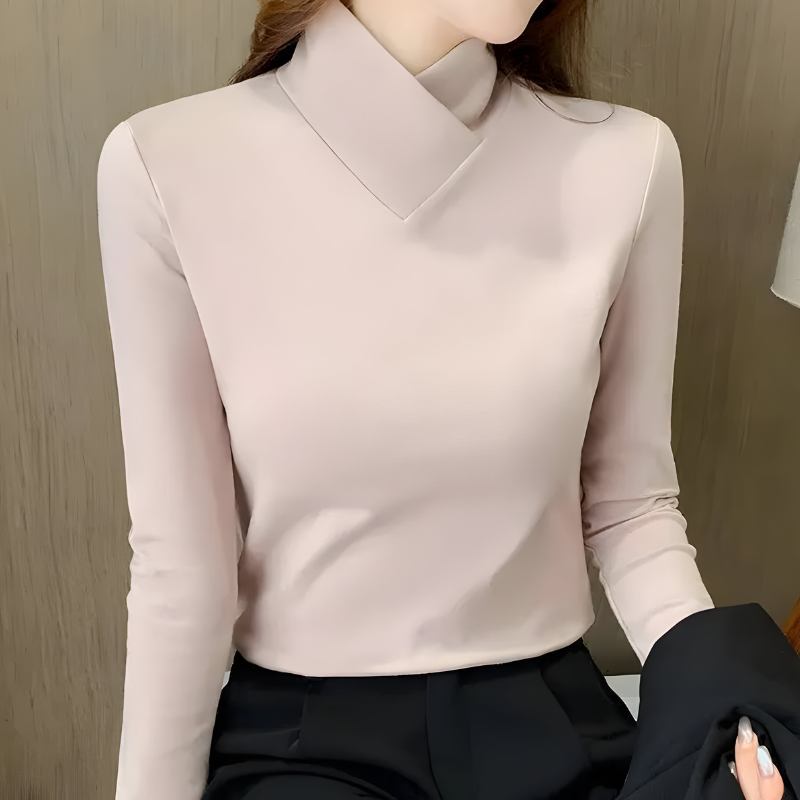 Women's Stand Collar Top – Minimalist Long Sleeve Fitted Top