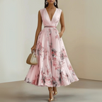 Women's Wedding Guest Floral Maxi Dress – Sleeveless Pleated Flowy Dress