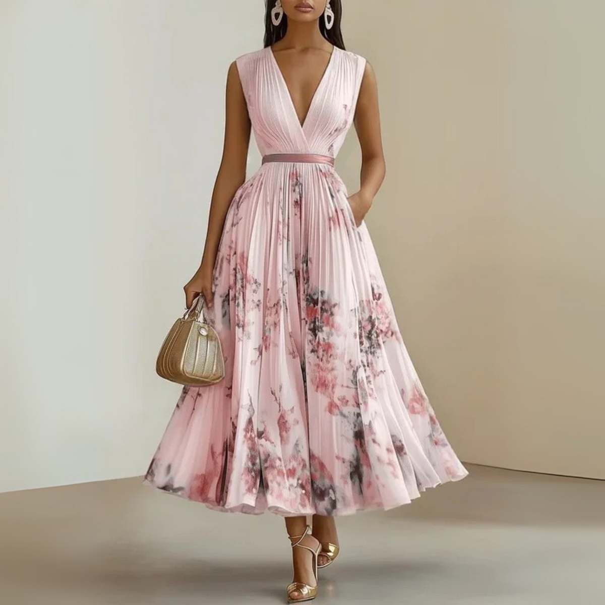 Women's Wedding Guest Floral Maxi Dress – Sleeveless Pleated Flowy Dress