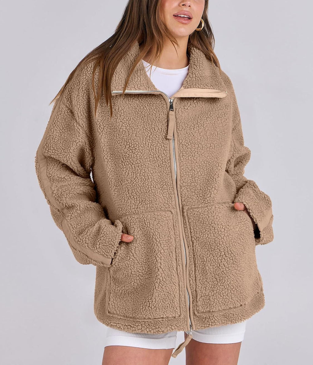 Women's Oversized Fleece Jacket – Zip-Up Long Sleeve Winter Jacket