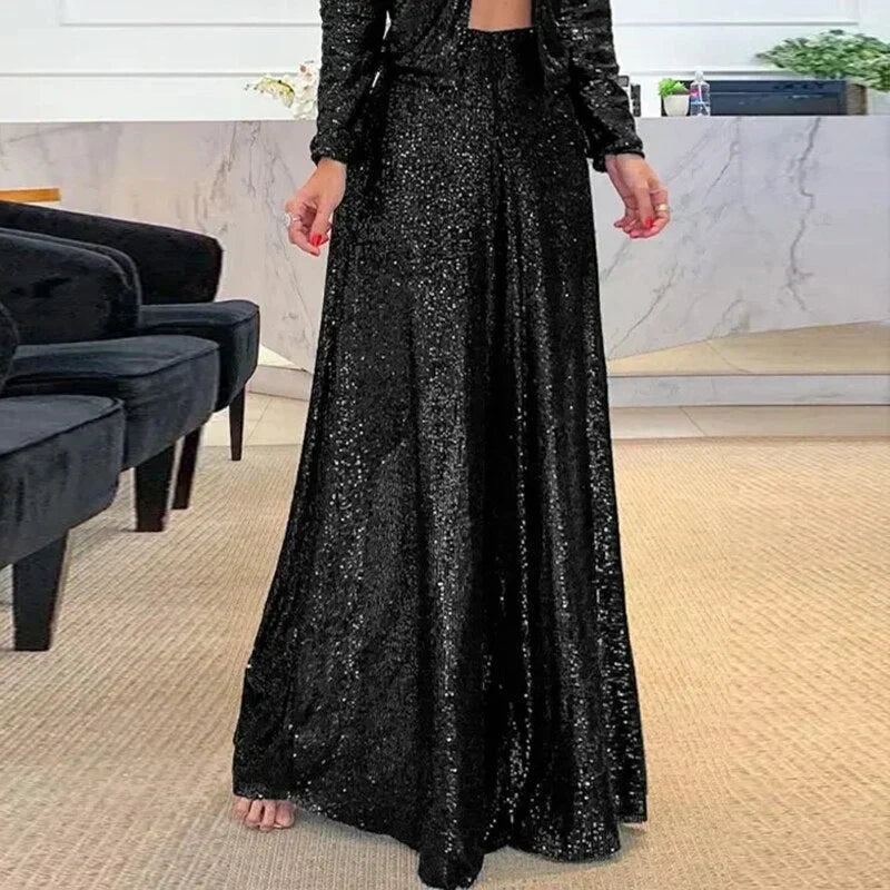 Women's Sequin Flared Palazzo Pants – High Waist Glitter Party Trousers