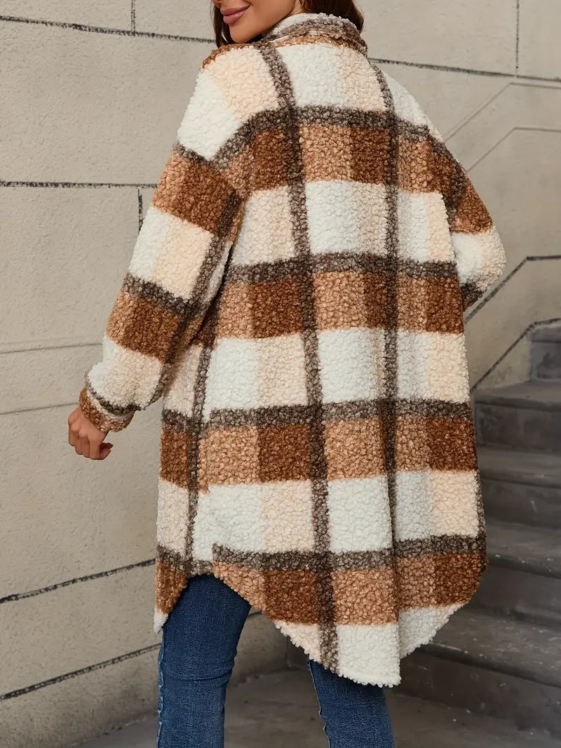 Women's Checked Teddy Coat – Oversized Fleece Winter Coat