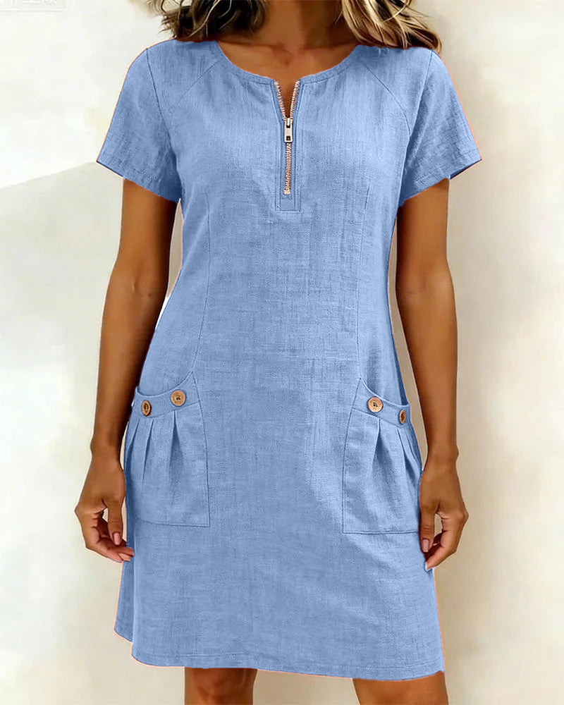 Women's A-Line Midi Dress – Short Sleeve Pocket Day Dress
