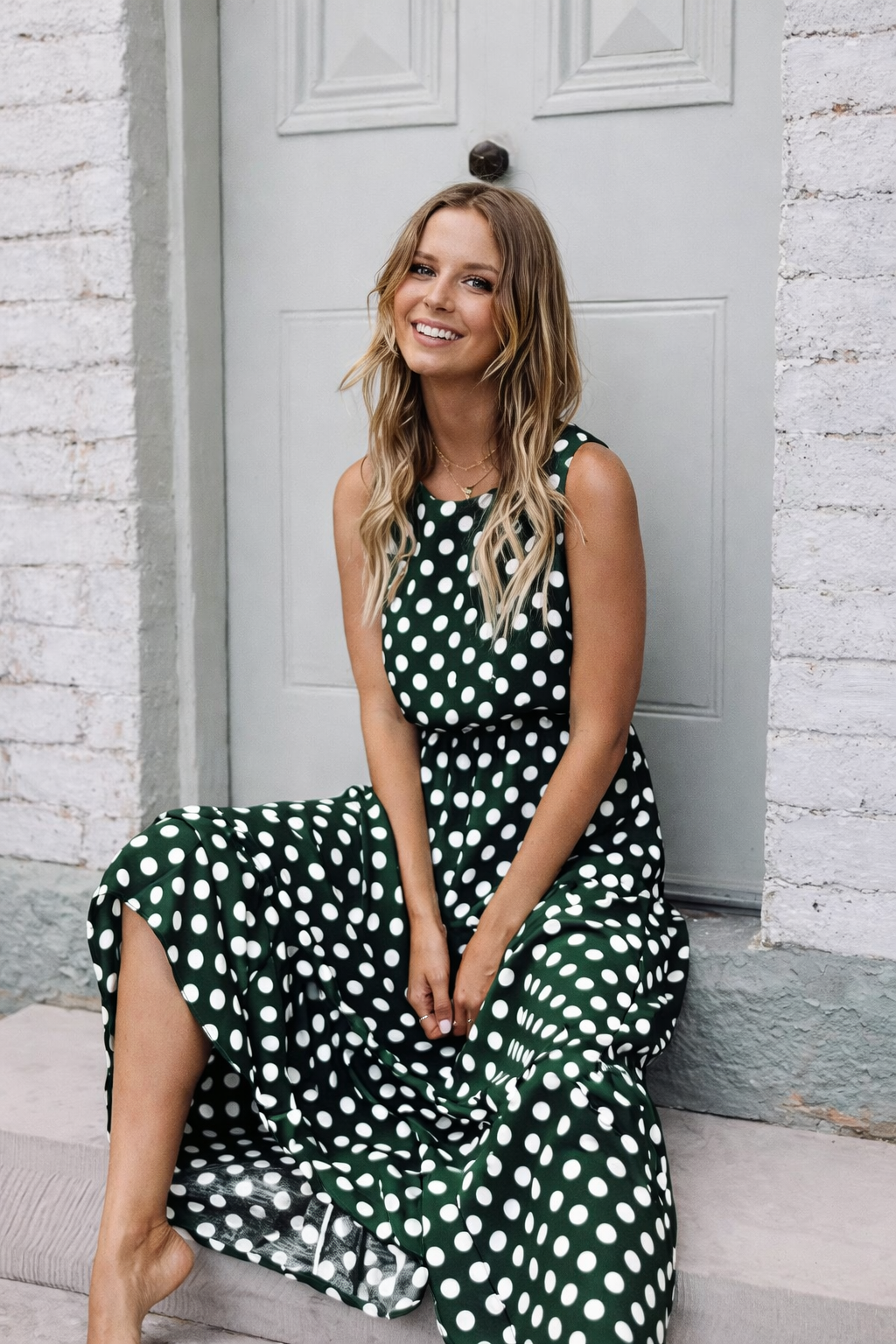 Women's Sleeveless Polka Dot Dress – Casual Midi Dress
