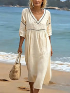 Women's V-Neck Midi Dress – Short Sleeve Pocket Summer Dress