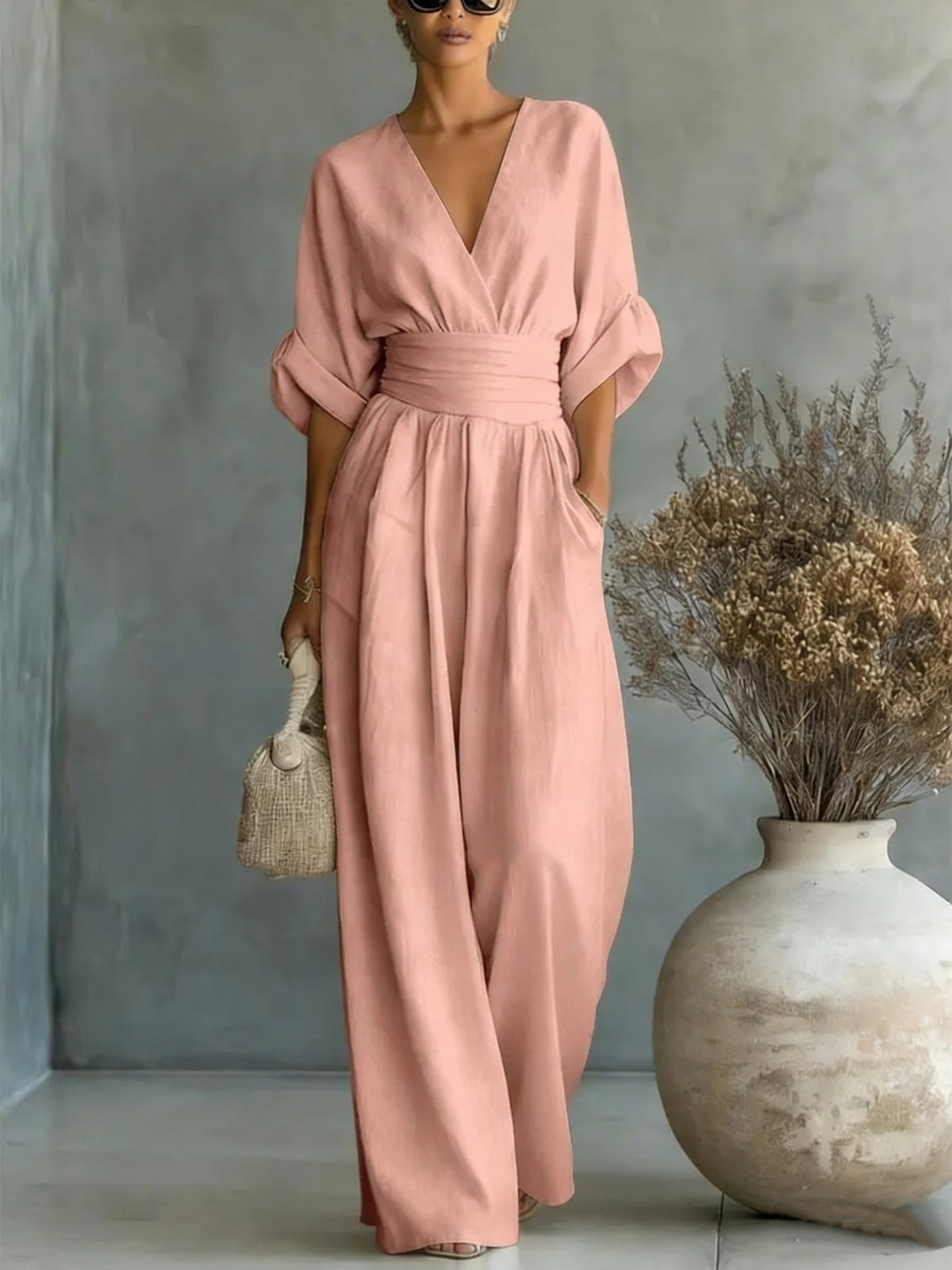 Women's V-Neck Wide Leg Jumpsuit – High Waist Pocket Evening Jumpsuit
