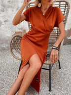 Women's V-Neck Wrap Midi Dress – Side Cutout Cocktail Occasion Dress