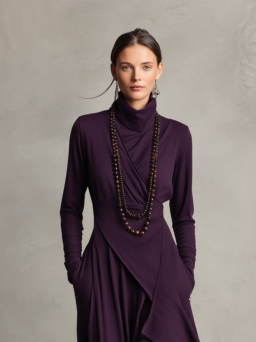 Women's Asymmetrical Knit Maxi Dress – High Neck Sweater Dress